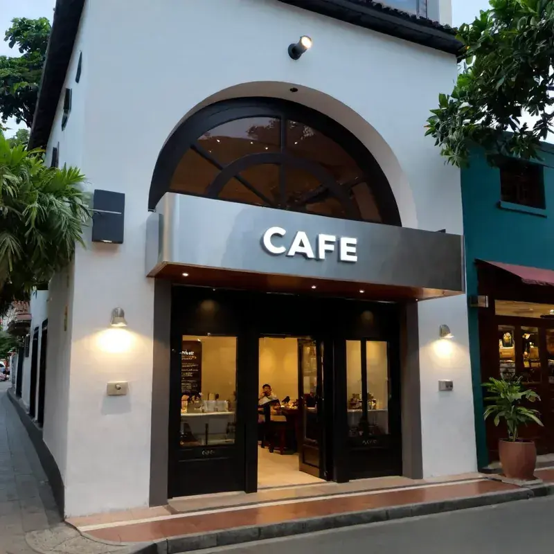 Cafe entrance with illuminated sign and metallic awning