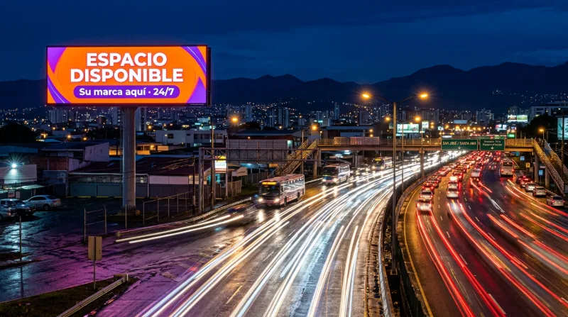Una gran valla digital iluminada con espacio publicitario disponible sobre una autopista concurrida de noche