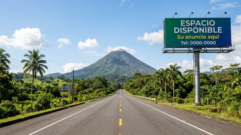 Una valla publicitaria con espacio disponible junto a una carretera de Costa Rica, con un volcán en el horizonte