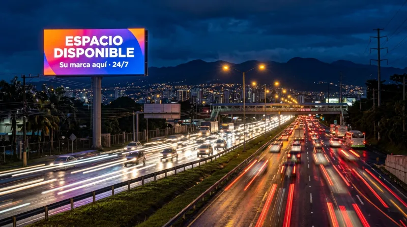 Una valla LED con espacio publicitario disponible junto a una autopista con tráfico nocturno