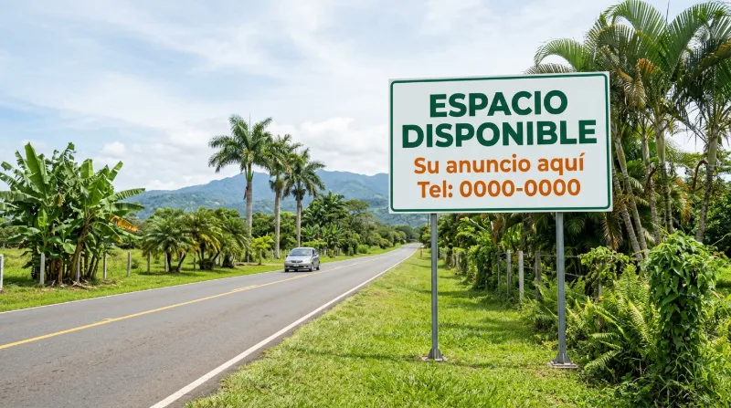 Un rótulo al borde de una carretera rural tranquila con espacio publicitario disponible, entre palmeras