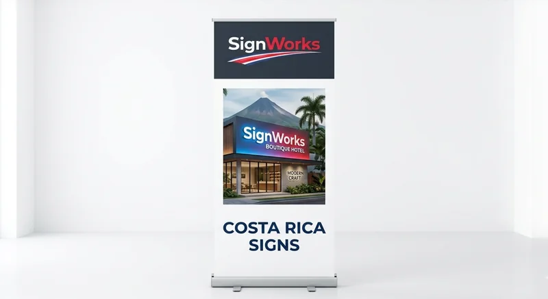 Banner roll-up personalizado con marca SignWorks y escena de hotel en Costa Rica — display retráctil