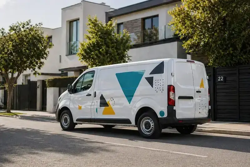 Rotulación vehicular con diseño geométrico y stickers de vinilo coloridos en una van en Costa Rica