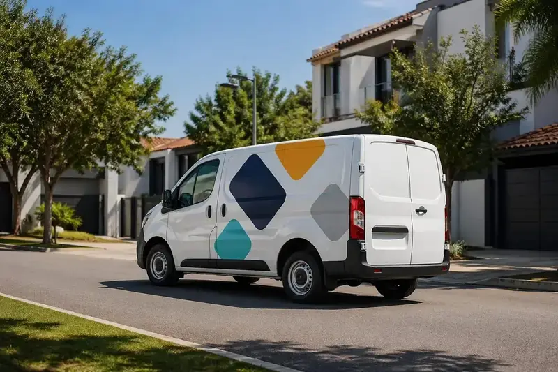 Van de reparto blanca con calcomanías de vinil en rombos turquesa, azul y amarillo en una calle residencial soleada